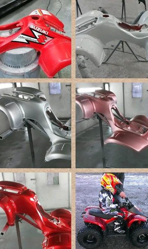 Quad bike panels painted bright red, a collage of the job